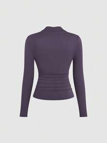 Sweetra Kaos Ukuran Besar Warna Polos Kerah Bentuk Hati Lengan Panjang dengan Hiasan Pinggang yang Dikencangkan - Purple - View 2