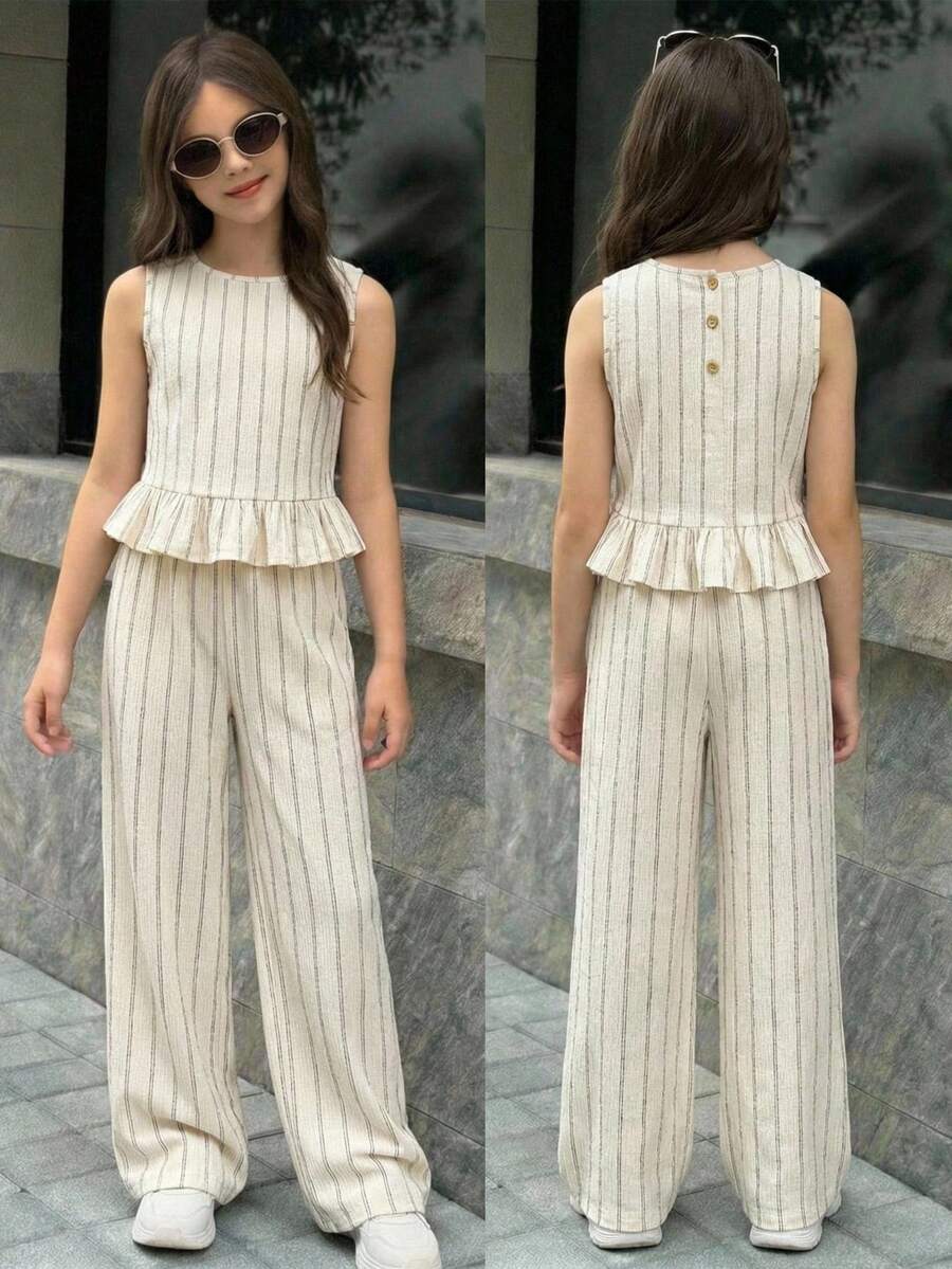 Firerie Kids Tween Girls' Casual Striped Sleeveless Top And Straight Leg Pants Set, Apricot - Apricot - View 1