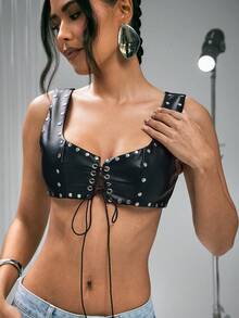 Denimoi 铆钉系带露脐仿皮胸衣上装，性感上衣，适合演唱会和夜店穿着 - 黑色 - 查看 1