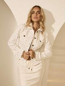 Aralina Polka Dot Cinched Waist Denim Jacket - Black and White - View 3