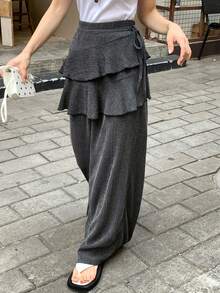 FRIFUL Women's Loose Flared Leg Pants With Layered Ruffle Hem Design - Grey - View 2