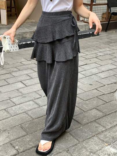 FRIFUL Women's Casual Solid Color Ruffle Hem Faux Two-Piece Pants