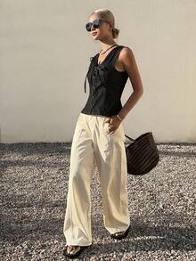 Livesso Women's V-Neck Single-Breasted Front Tie Casual Denim Vest - Black - View 5