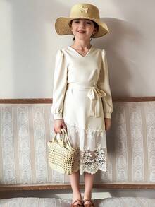 DAZY 女童（小号）V领系带韩版休闲荷叶边系带下摆派对生日连衣裙 - 白色 - 查看 6