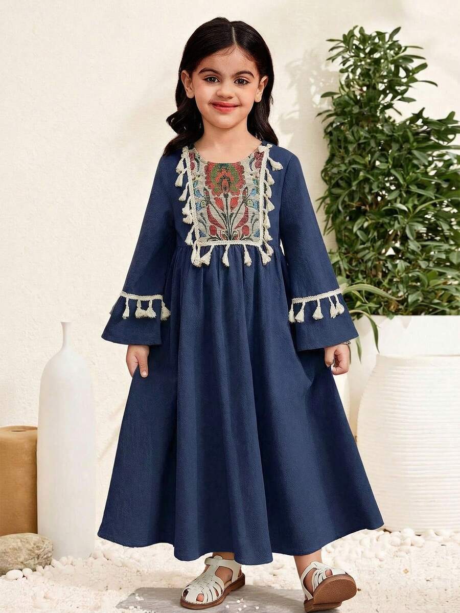 SHEIN Young Girl Vacation Casual Fashion Patchwork Floral Fringe Square Collar Long Sleeve Dress - Navy Blue - View 1