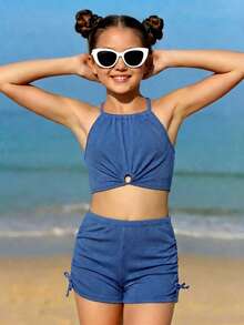 Conjunto de tankini con volantes y retorcido de unicolor simple para niñas preadolescentes, ideal para vacaciones de verano en la playa - Celeste - Ver 4