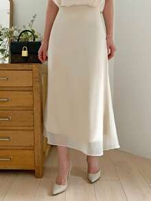 DAZY Women's Midi Mermaid Skirt With Sheer Mesh Overlay - Khaki - View 2