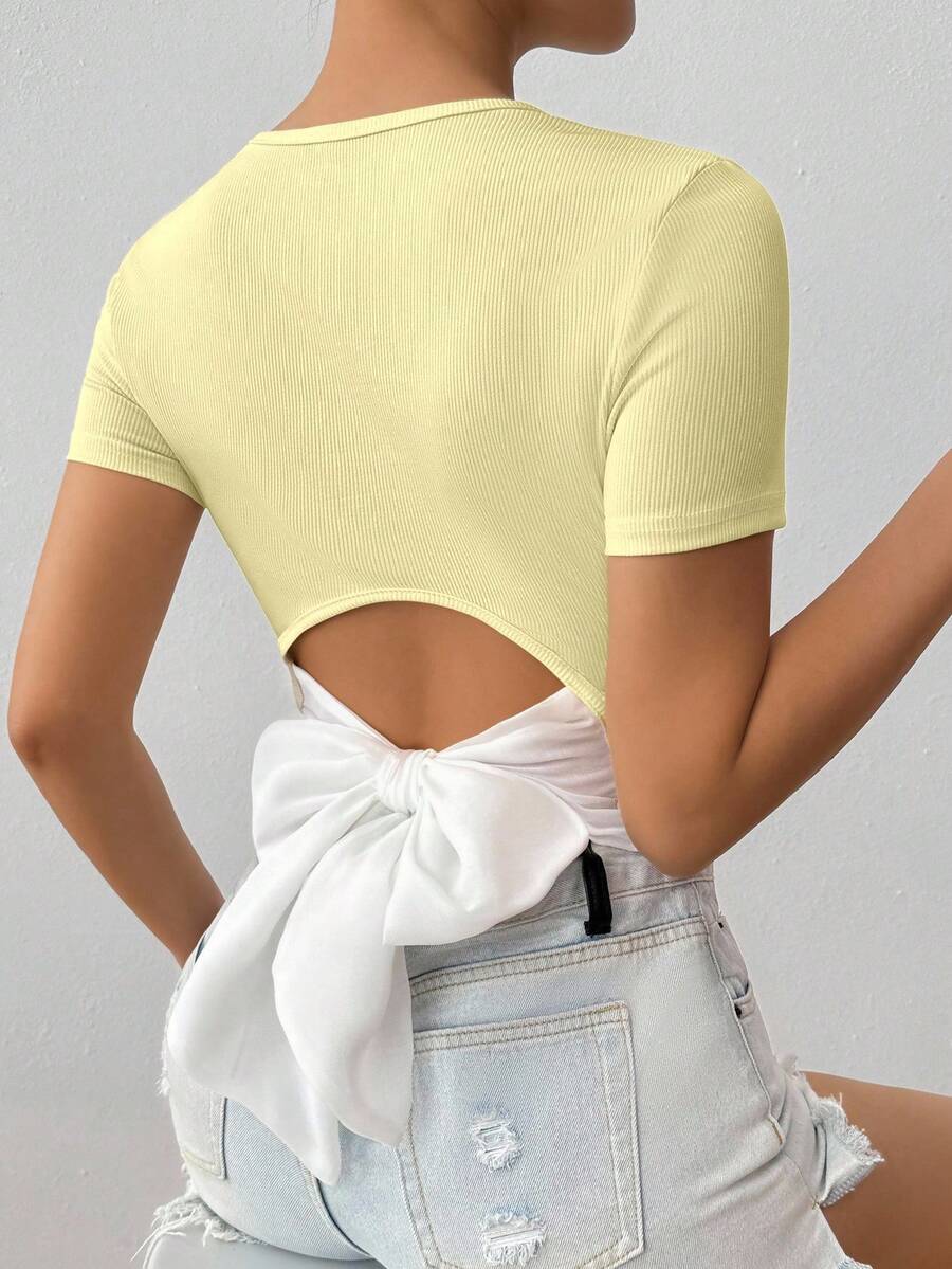 SHEIN Glamour Áo thun crop top buộc dây hở lưng kiểu dáng thường ngày mùa hè - Kem - Xem 1