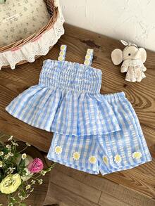 SHEIN 2件套女婴幼儿/新生儿0-3岁休闲日常可爱度假条纹蝴蝶结装饰吊带背心+短裤套装，春夏款 - 藍色 - 查看 1