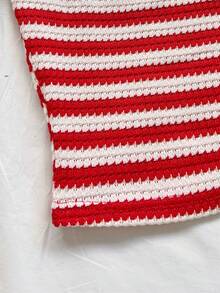 Soleia 女士春夏休闲度假红色条纹针织吊带露背上衣+复古红色条纹低腰超短裤两件套 - 紅白色 - 查看 4