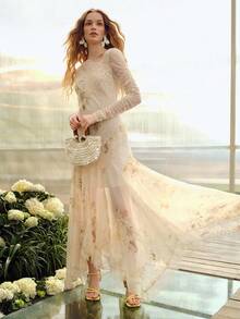 MOTF PREMIUM WOMEN'S ASYMMETRIC HEM ROMANTIC LONG DRESS WITH WAIST CINCHING, SUITABLE FOR SPRING/SUMMER - Apricot - View 5