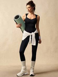 VARSIVA Bộ jumpsuit dáng ôm vừa vặn, màu trơn, không tay, hở lưng, khoét eo, kiểu dáng thường ngày. - màu đen - Xem 6