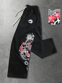ROMWE MEN Anime Men's Casual Sports Flower & Dragon Print Drawstring Waist Sweatpants - Black - View 6