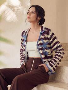 Anewsta Cárdigan con cierre delantero de corbata, con patrón de rayas y ribete de contraste con motivos de vida marina - Multicolor - Ver 1