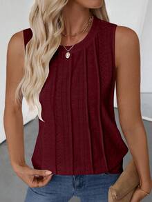 EMERY ROSE 女士圆领无袖纹理休闲背心，春夏时尚 - 紅色 - 查看 3