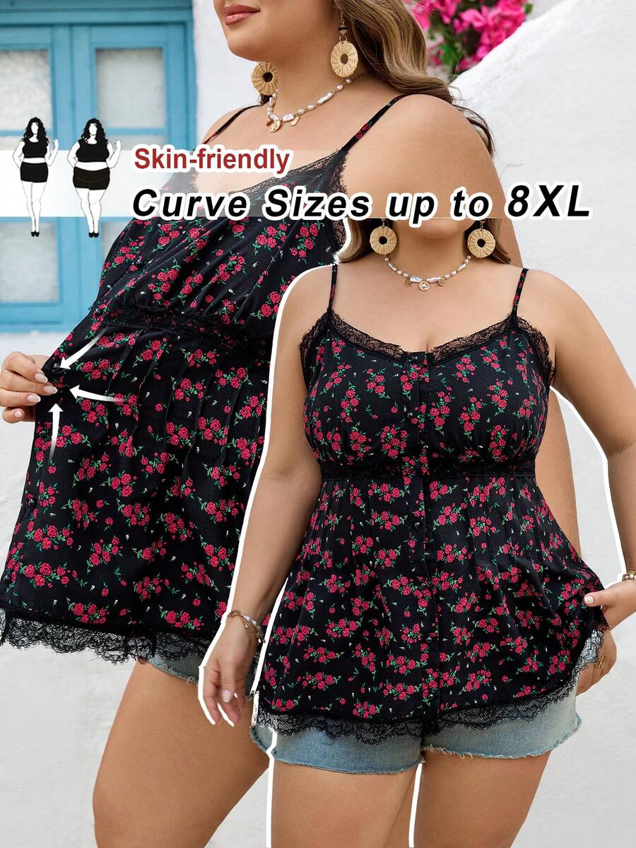 SHEIN CURVE+ Curve 尺码 US22 音乐节、海滨度假、波西米亚风女士玫瑰花卉蕾丝拼接吊带背心，浪漫度假约会之选