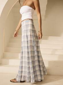 Aralina 女士长款格纹印花低腰A字飘逸半身裙，夏季女士沙滩格纹蓝色长款连衣裙，适合外出和正式场合穿着 - 彩色 - 查看 3