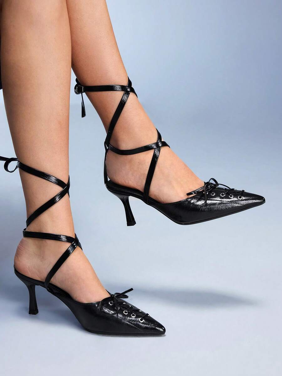 CUCCOO GRLICON French Tie Pointed Toe Backless Lace-Up High Heel Women Pumps - الأسود - مشاهدة 1
