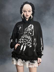 ROMWE SpringGothic Witch Weapon Print Patchwork Ruffle Trim Sweatshirt Sweatshirt For Women - Black - View 9