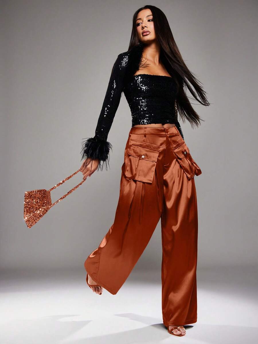 NYA SZN Pant High Rise Cargo Pocket Wide Leg Flowy Loose Winter Satin Brown Business Casual Event Special Occasion Luxury Outfits For Women - Rust Brown - View 1