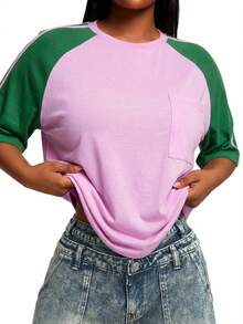 SHEIN SXY Áo thun nữ cỡ lớn cổ tròn tay raglan phối màu tương phản dáng rộng thoải mái - Nhiều màu - Xem 8