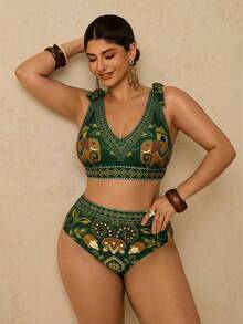 Travachic 大码热带印花度假休闲沙滩露背波西米亚风印花女式两件套泳衣 - 墨綠色 - 查看 5