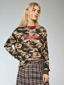 COUREZ Long Sleeve Camo T-Shirt With Front Print /Y2K Long Sleeve Tops Going Out Tops Women Tops Graphic Tees Women Cute Tops Summer Tops Summer Outfits - Army Green - View 1
