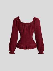 Sweetra Áo sơ mi nữ tay dài màu trắng họa tiết gạch, cổ bẻ, eo thon, tay bồng, buộc dây. - Đỏ - Xem 2