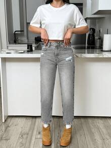 EURMUSE HIGH RISE MOM CUT RIPPED WOMEN JEANS - Grey - View 6