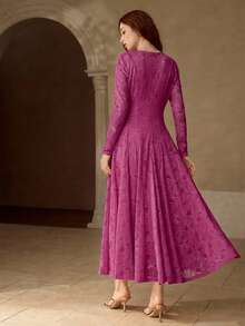 MOTF PREMIUM WOMEN'S LACE OVERLAY LONG SLEEVE FORMAL COCKTAIL DRESS - Hot Pink - View 4