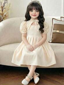 Vestido de novia tejido con cuello alto, cintura hueca y dobladillo acampanado con parches de malla bordada con flores para niña, vestido de dama de honor de unicolor satinado, vestido formal de color albaricoque, vestido de niña de las flores para la temporada de bodas - Albaricoque - Ver 6