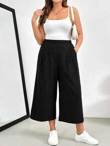 SHEIN Essnce Quần dài nữ cỡ lớn màu đen, chất liệu 100% cotton, dáng rộng, có túi. - màu đen - Xem 4