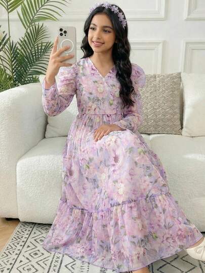 SHEIN Tween Girl Ditsy Floral V-Neck Gigot Sleeve Casual Dress Lavender Dress Lilac Dress Girl Long Dress Floral Print Dress Girls Floral Dress