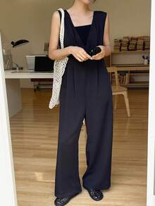 FRIFUL Women's Solid Color Jumpsuit With Suspenders Jumpsuit - Black - View 1