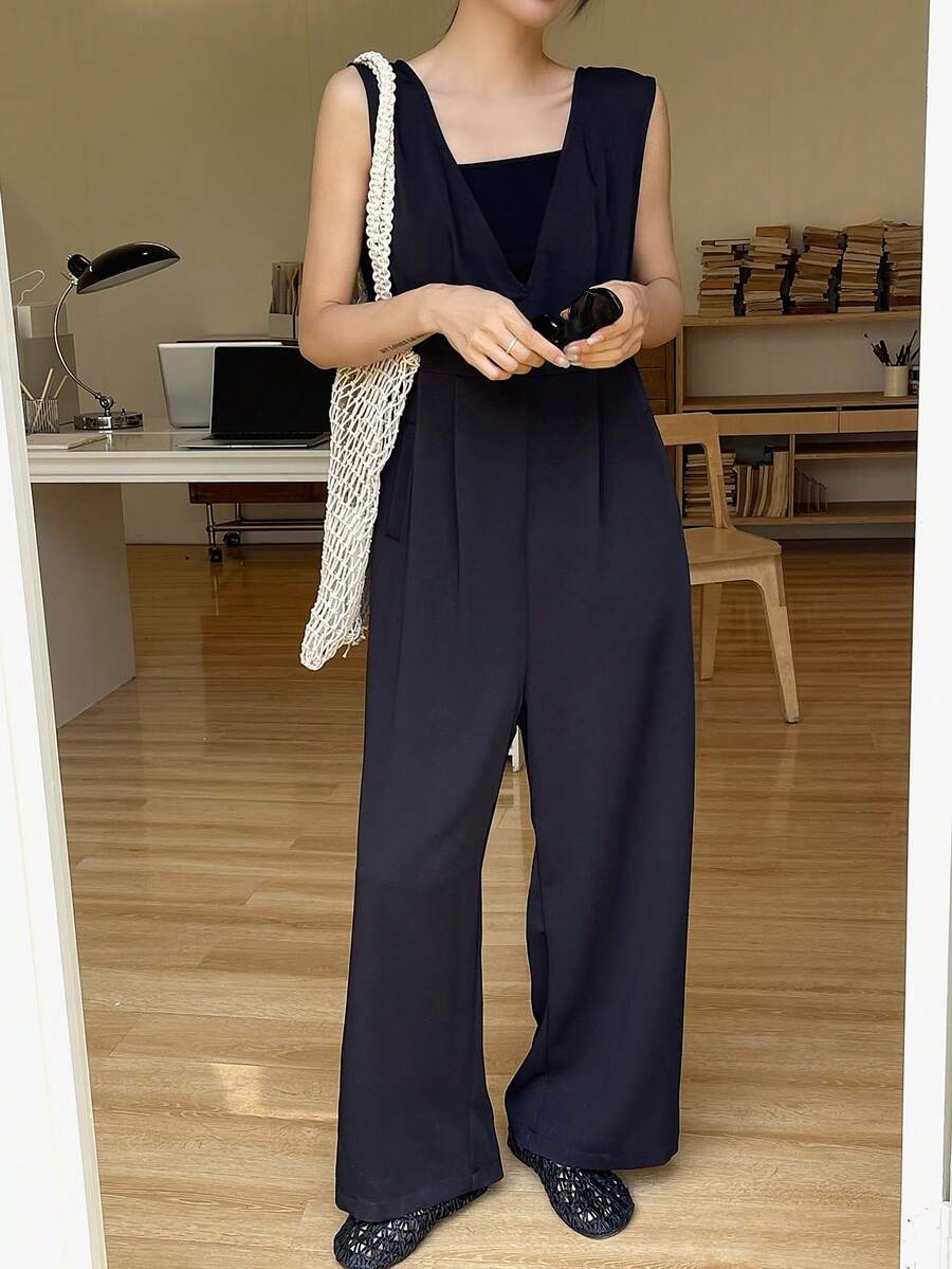 FRIFUL Women's Solid Color Jumpsuit With Suspenders Jumpsuit - Black - View 1