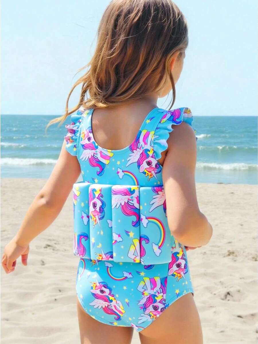 Baby Girls BeachwearCute And Conservative, Light Blue, Cartoon Unicorn Print, Knitted Fabric, Strap-Style Bodysuit With Shoulder Straps And Frills. One-Piece Strap Triangle Pant. Stylish, Casual, Elegant, Suitable For Swimming, Perfect For Summer Vacations, Beaches, The Sea, Pools, And Summer Parties Leisure And Vacation. Unicorn Bathing Suit Swimwear For 2 Years Old Girl Unicorn Swimsuit Toddler Childrens Swimsuits Toddler Swimsuit Rainbow Toddler Unicorn Bathing Suit Toddler Swim Dress - Blue - View 1