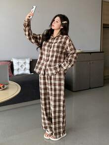 DAZY 2pcs Women Plaid Pajama Set, Loose Fit Shirt And Pants, Suitable For Autumn/Winter And Christmas - Coffee Brown - View 3
