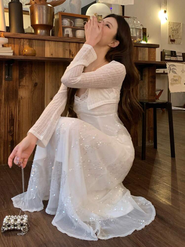 Women's White Sequin Lace V-Neck Bodycon Slip Dress, Autumn New Arrival Minimalist Sexy Mini Dress With Cardigan 2-Piece Set