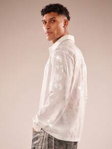 FeverCity Men's Shiny Floral Pattern Lapel Button-Up Shirt - White - View 7