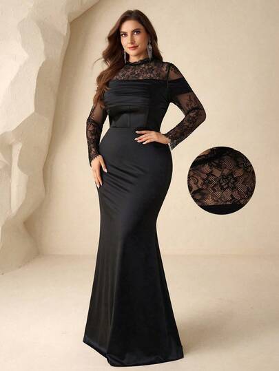 Coutiva Plus Size Women Contrast Lace Ruffle Fishtail Hem Elegant Formal Evening Gown Valentines Dress Elegant Dress Sequin Dress Floral Dress Plus Size Evening Gown Formal Dress Curvy Dress Lace Sleeve Dress Black Formal Dress