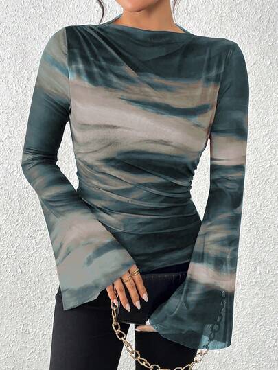 Chiquease Women's Autumn/Winter American Vintage Tie-Dye Mesh Printed Form-Fitting Pleated Decor Long Sleeve Base Shirt T-Shirt For Spring Outfit