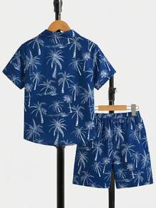 SHEIN 两件套青少年男童度假翻领梭织短袖衬衫和短裤套装 - 彩色 - 查看 2