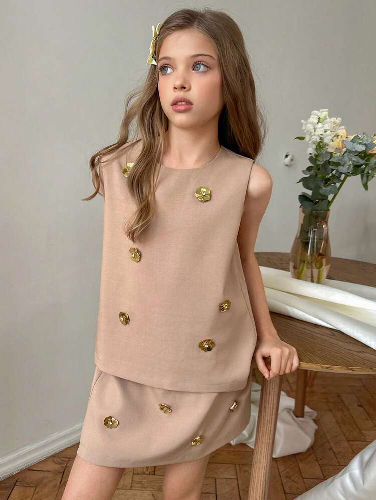 Tween Girls Sequin Decor Sleeveless Jacket & Skirt Set