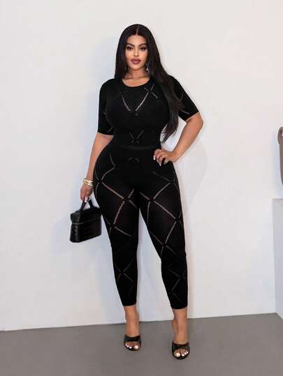 Maweii Plus Size Women Hollow Out Round Neck Fitted Sexy 2 Pieces Set