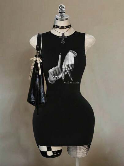 Attitoon Vestido ajustado sin mangas con estampado de gesto de mano minimalista retro punk y hip hop, adecuado para salidas, ropa de calle, aeropuerto, elegante, Y2K, carnaval, festivales de música, playa, fiestas, cumpleaños