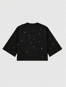 ROMWE MEN 男士圆领时尚夏季百搭闪亮钻石短袖T恤 - 黑色 - 查看 3