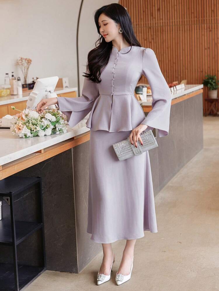 Women's Elegant Solid Color Puff Sleeve Blouse And Skirt 2-Piece Set, Spring/Summer,Wedding Guest Dress Women