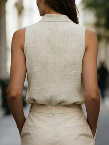 Balvessa 女士无袖V领优雅办公衬衫，春夏款 - 米色 - 查看 2