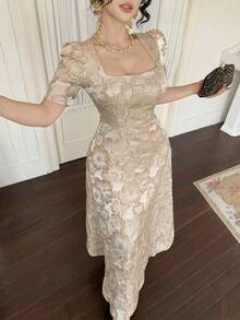 DAZY Women's Elegant Floral Textured Square Neck Puff Sleeve Midi Dress, Summer - Apricot - View 10