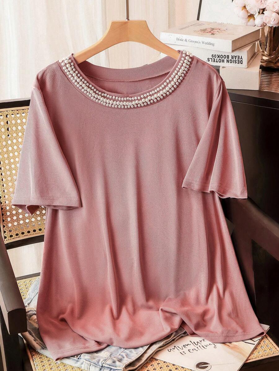 Lacomfia Women's Pearl Decor Loose Comfortable Elegant Fashion Versatile Plus Size T-Shirt - Pink - View 1